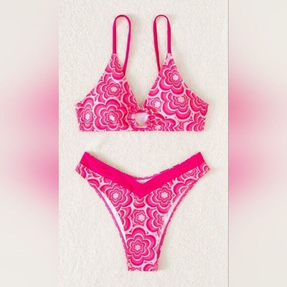 Pink Floral High Cut Bikini (S) - Picture 2 of 9